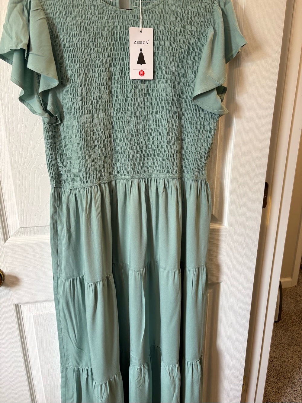 Sage Green Smocked Tiered Ruffle Sleeve Dress
